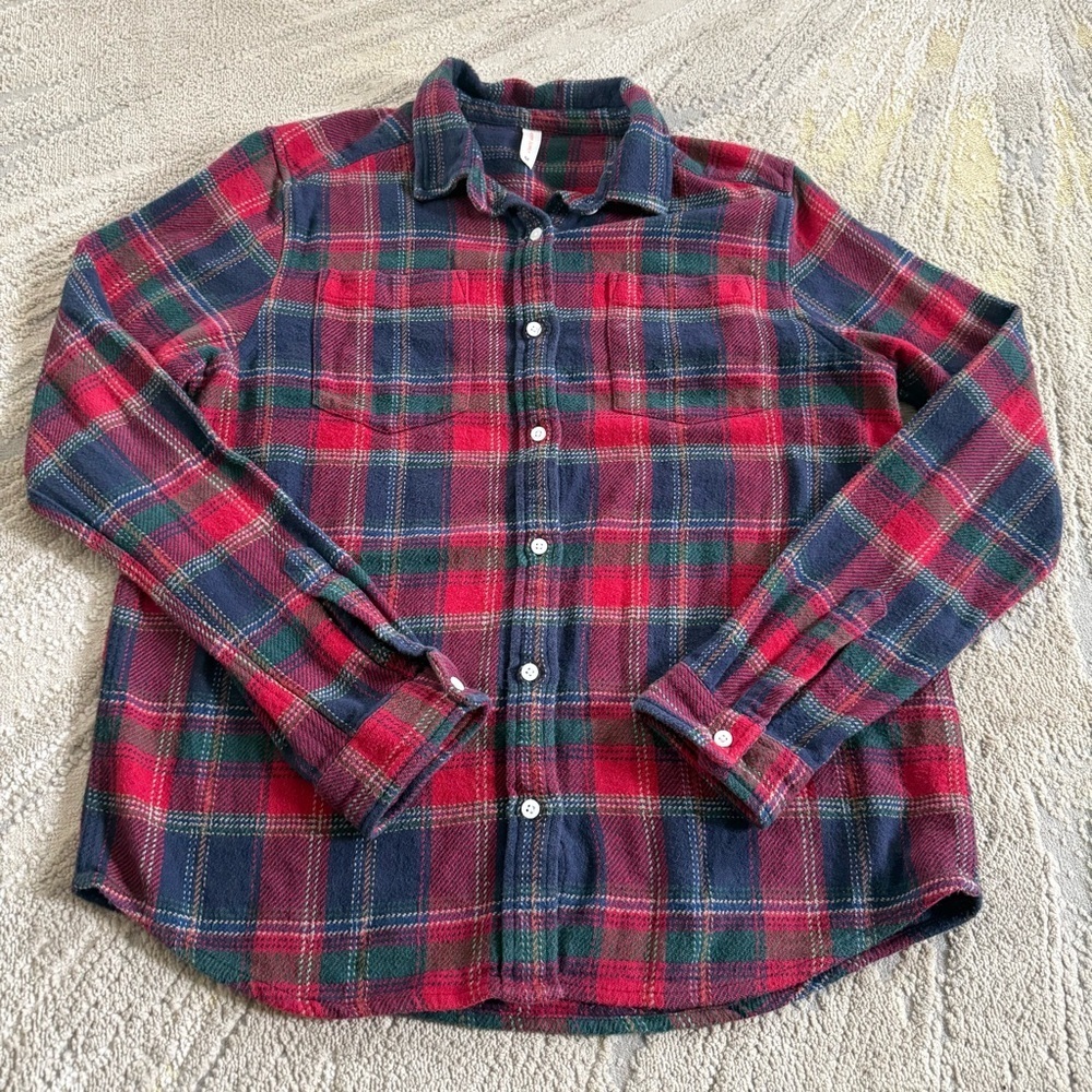Known Supply plaid button front shirt flannel organic cotton red blue medium